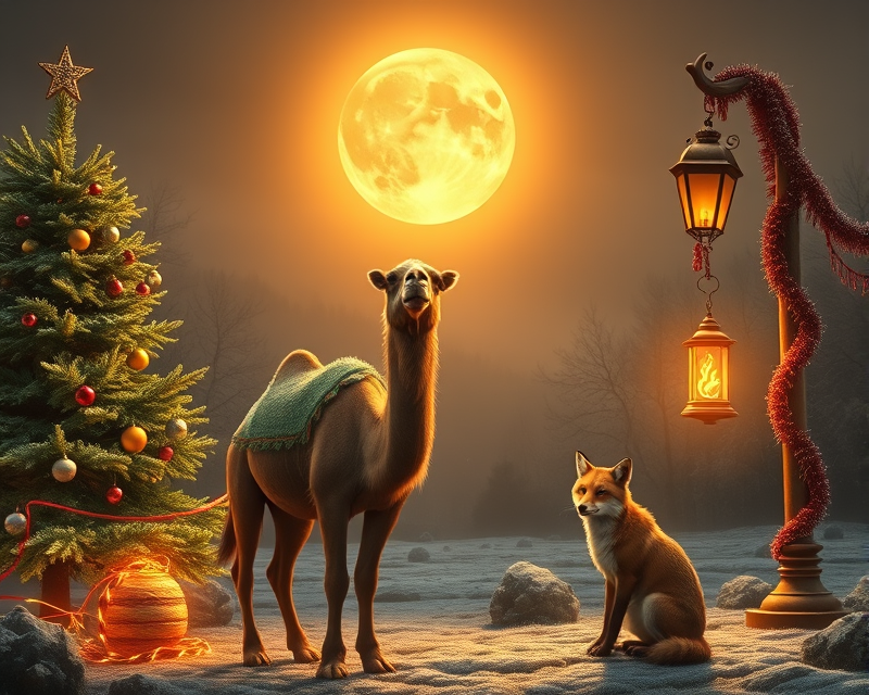 camel, christmas tree, sun, fox, lamp